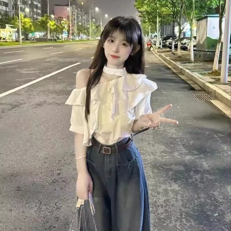 Ruffle French Blouse Top Women's Summer Pure Desire Style Sexy Off-Shoulder Trendy Short Sleeve Halter Top