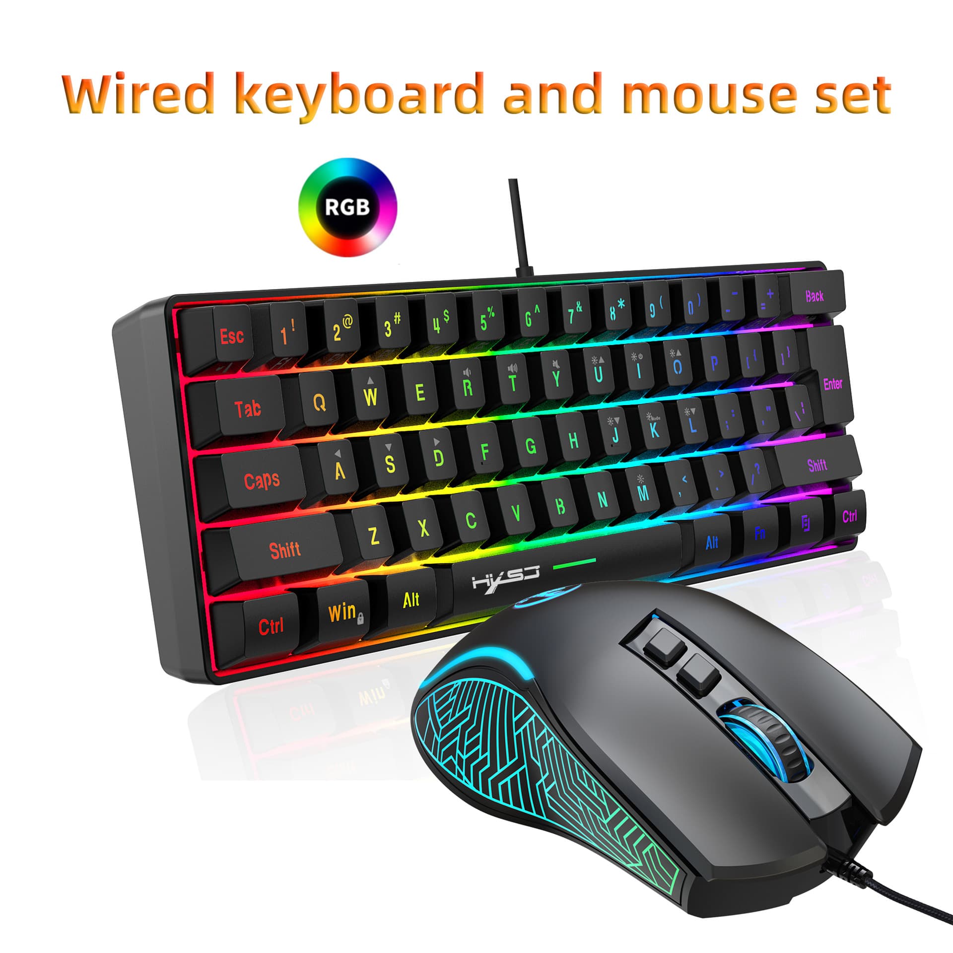 New 61-Key Wired Membrane Keyboard and Mouse Set RGB Backlit Keyboard Colorful Glowing 6-Button Gaming Mouse Cross-Border