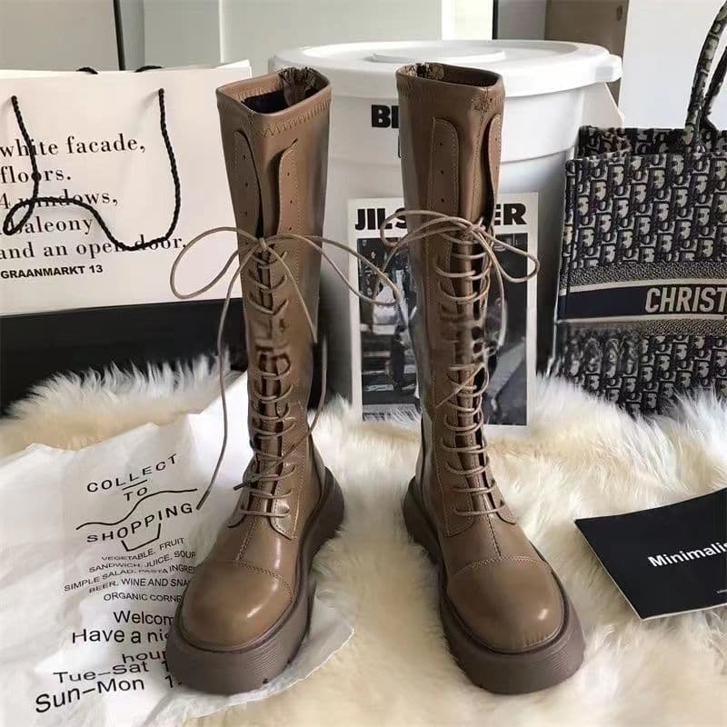 Women's Long Boots, Knight Boots, 2024 Autumn Winter New White Thick-Soled Boots, Thick-Leg Lace-Up High Martin Boots