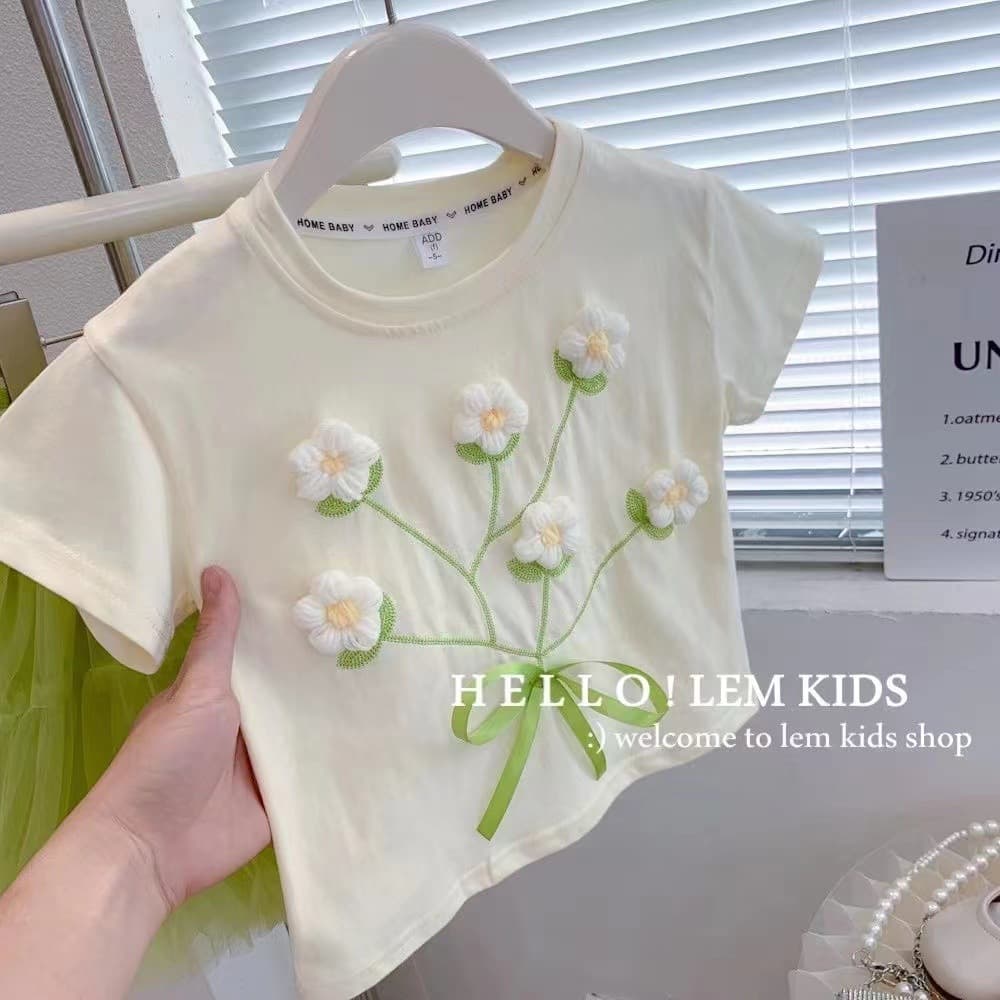 Girls' short-sleeved summer 2025 new baby girl cotton three-dimensional flower T-shirt children's trendy summer tops