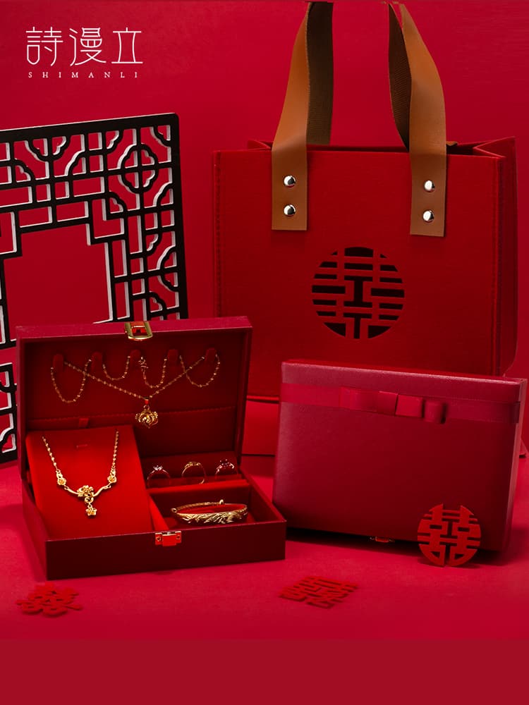Three gold jewelry box hardware engagement wedding box set dowry bracelet ring necklace gold storage box wedding jewelry box
