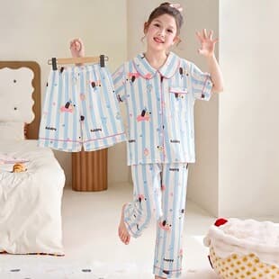 Popular Pajamas for Girls Summer Cloud Cotton Short Sleeve Kids 3-Piece Set 2026 New Style Little Girls Homewear Summer Collection