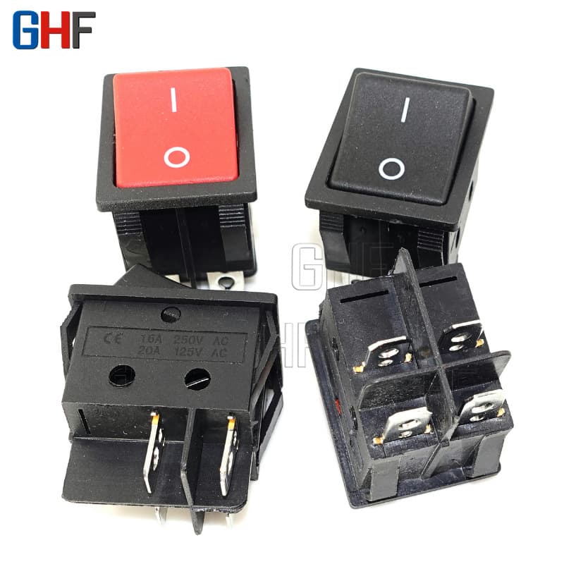 25*32 Boat-Shaped Switch Four-Legged All-Black and Red Cover Rocker Switch Machine Switch Large D4 Double Card Slot Boat-Shaped Switch