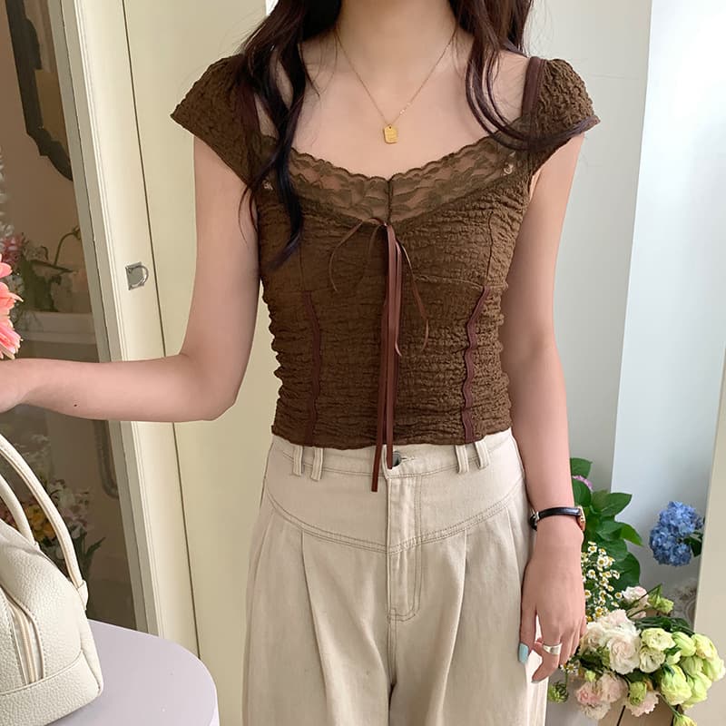 Retro American Brown Texture Lace Short Sleeve V-neck T-shirt Women's Low Collar Butterfly Knot Splicing Summer Fashion Top