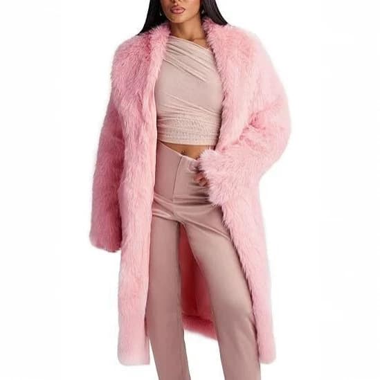 European and American Autumn and Winter New Fur Coat, Faux Fox Fur Long Coat, Over-The-Knee Coat with Lapel and Hidden Buttons for Women