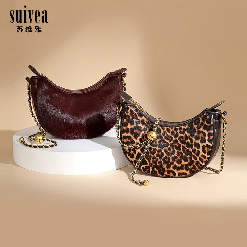 Leopard print new genuine leather horse hair moon bag personalized niche design small gold ball moon bag trendy shoulder crossbody bag