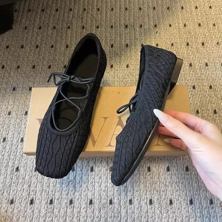 Knitted Twist Red Ballet Flats Women 2026 Cross Lace-Up Square Toe Mary Jane Shoes Women Shallow Mouth Flats