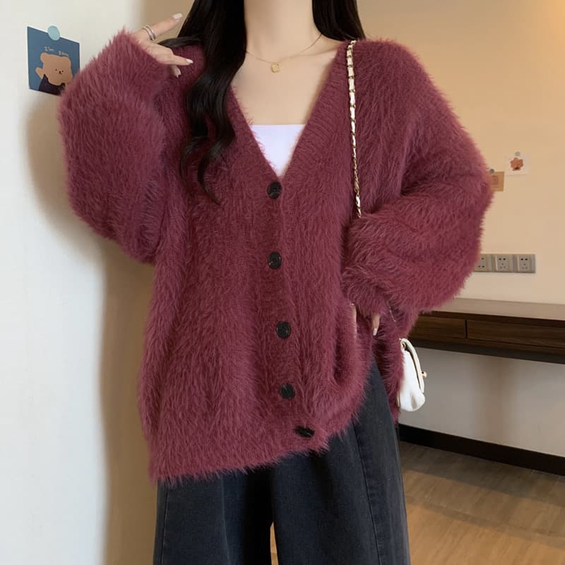 Autumn Winter Mink Fur Lazy Style New Large Size Warm Knit Cardigan Sweater Women's Casual Socialite Street Snap Coat