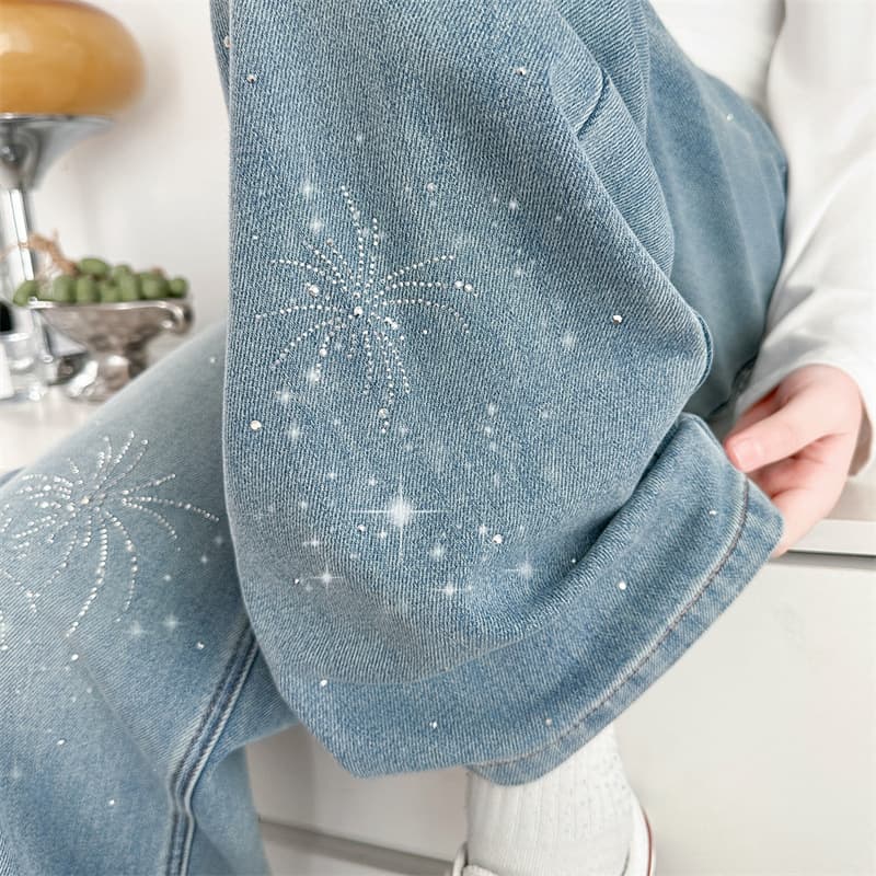 Girls' Spring/Fall 2026 New Style Sparkle Rhinestone Jeans, Fashionable Korean-Style Wide-Leg Pants for Older Kids