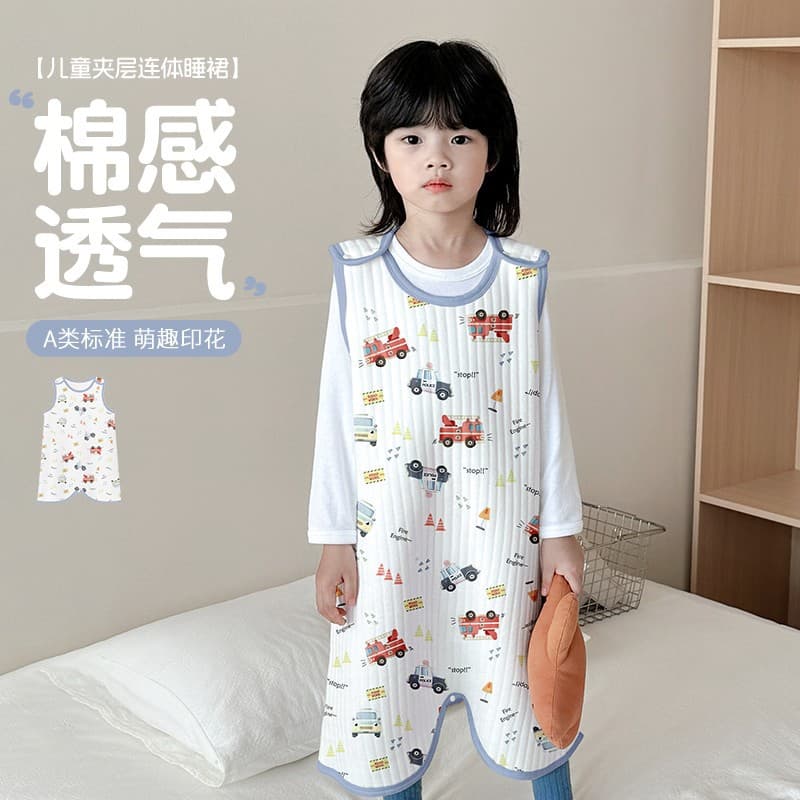 Thickened pure cotton pajamas for autumn and winter, split-leg anti-kick quilt for children, layered sleeveless vest, sleeping bag, onesie nightgown for boys and girls