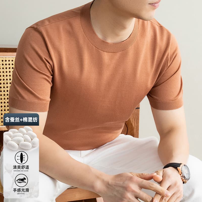128 Strands Ultra-Fine Mulberry Silk Men's Short-Sleeve Knitted T-Shirt, Round Neck, Half-Sleeve, Stylish 2026 Summer Men's Top