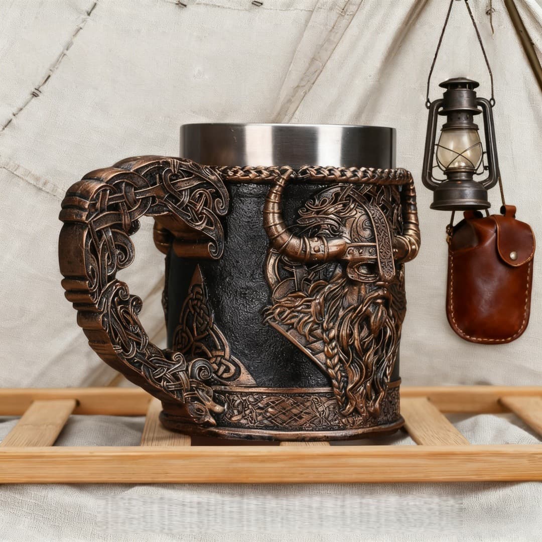 New Retro Medieval Viking Wooden Beer Mug Viking Culture Coffee Mug Stainless Steel Beer Cup