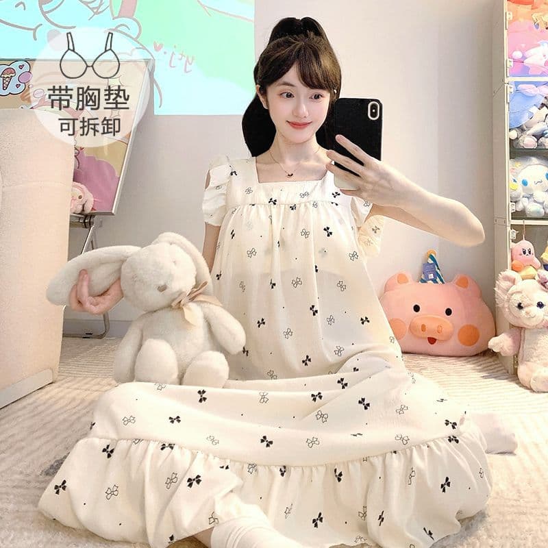 2026 Summer New Cloud Cotton Padded Bra Cartoon Princess Style Short Sleeve Nightgown Loose Fit Pajamas Loungewear