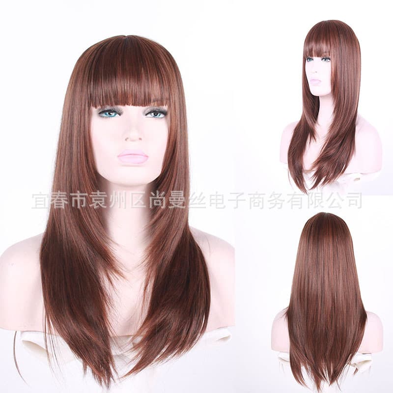 European and American women's long hair lifelike natural full head cover long curly hair air bangs wig fluffy gradient hair cover in stock