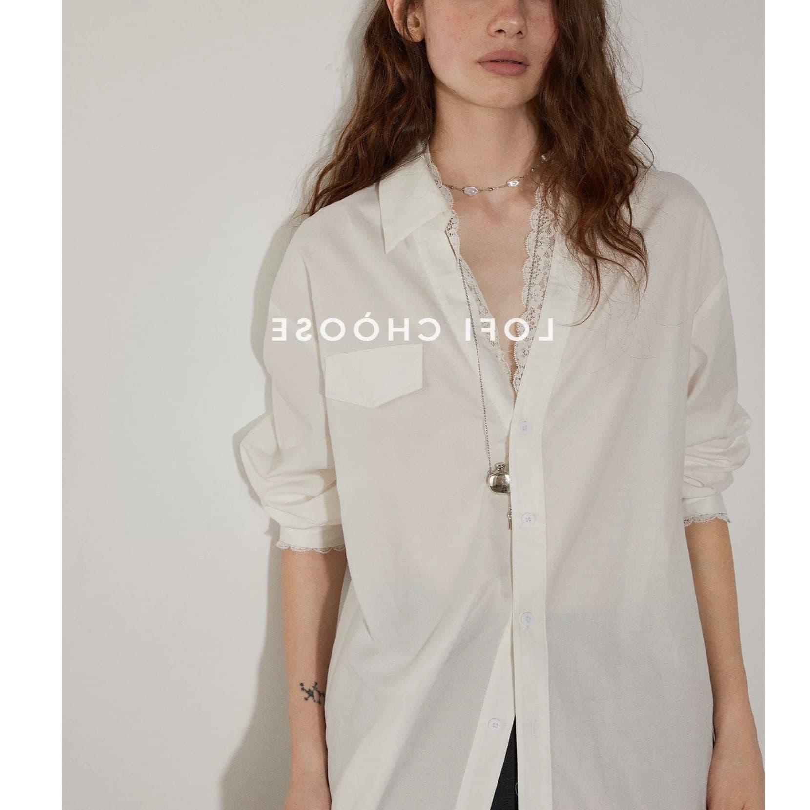 Lofi Chose Elegant Lace Trim V-Neck Blouse for Women Spring New Long Sleeve Loose Fit Top