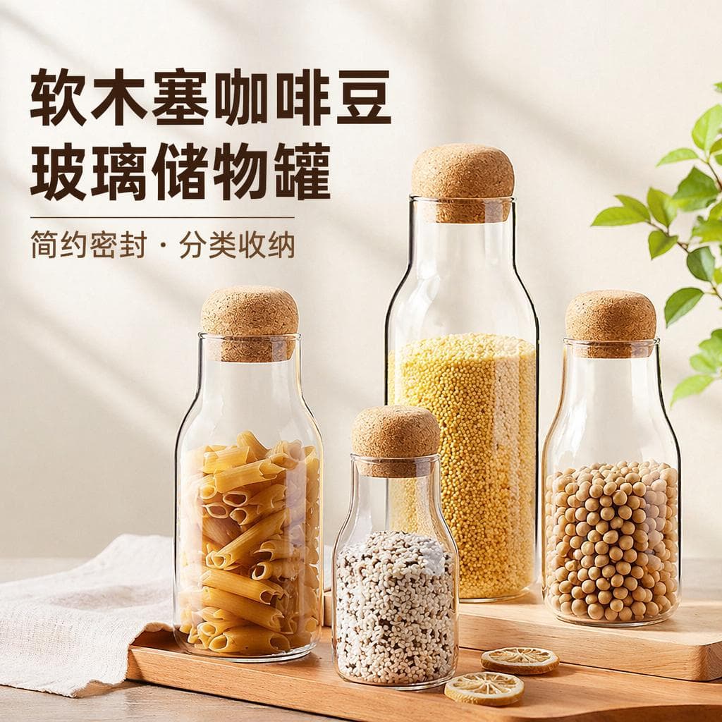 Glass Tea Canister, Food Storage Jar for Grains, Dried Fruits, Cork Stopper, Airtight Container for Coffee Beans, Spices