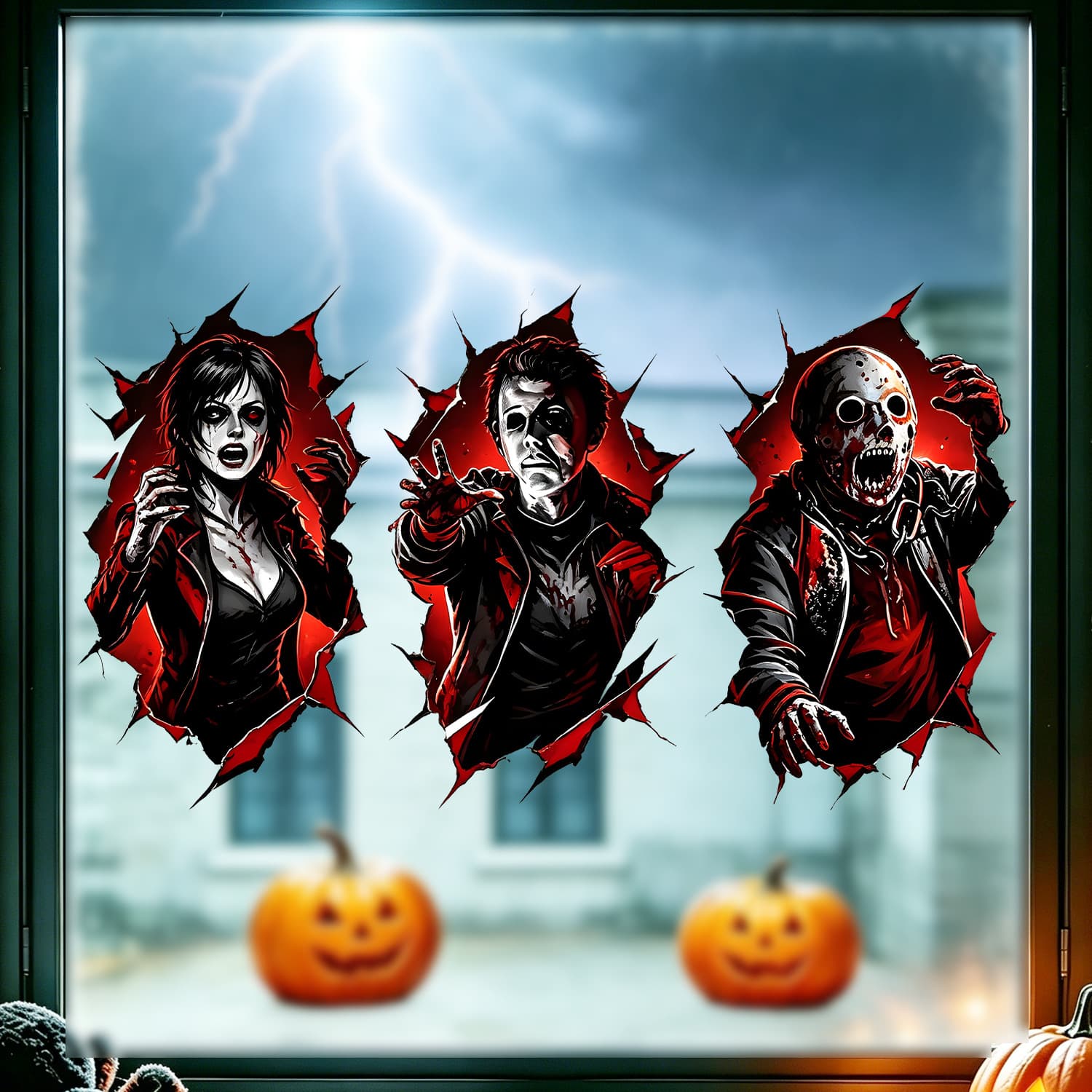 Dark style Halloween broken window character window sticker self-adhesive removable red and black torn border pattern bedroom window decoration