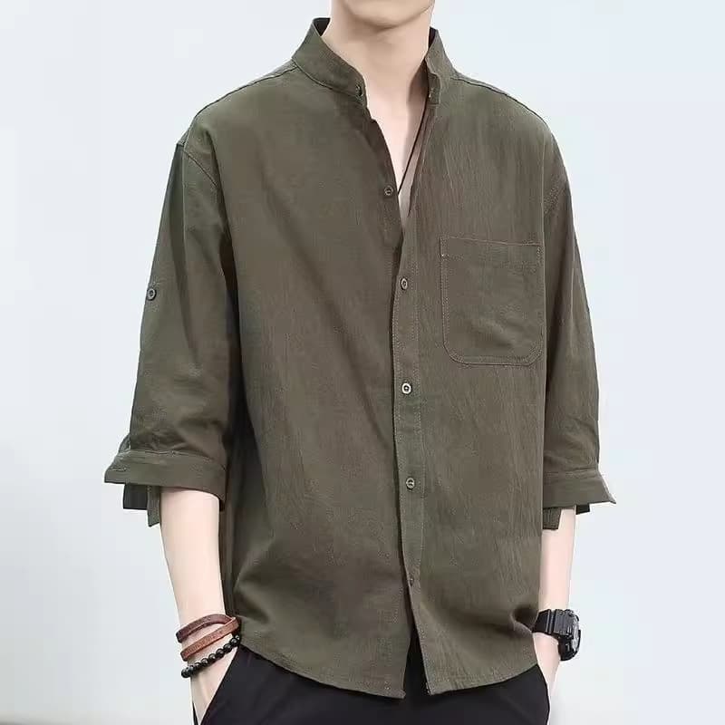 Summer stand collar shirt men's cotton and linen three-quarter sleeve shirt Japanese retro loose men's half-sleeve Korean style trendy casual
