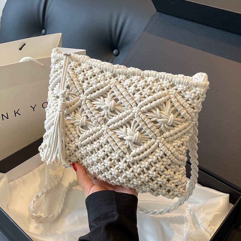 Bag Woven Shoulder Hollowed Out 2025 New Cotton Thread Crossbody Bag Leisure Vacation Handmade Bucket Straw