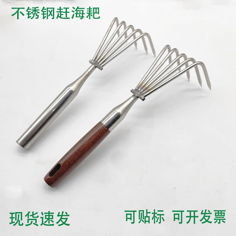 Heavy-duty beachcombing rake for seaside clam, shell, and razor clam digging, stainless steel seaweed tool, garden loosening
