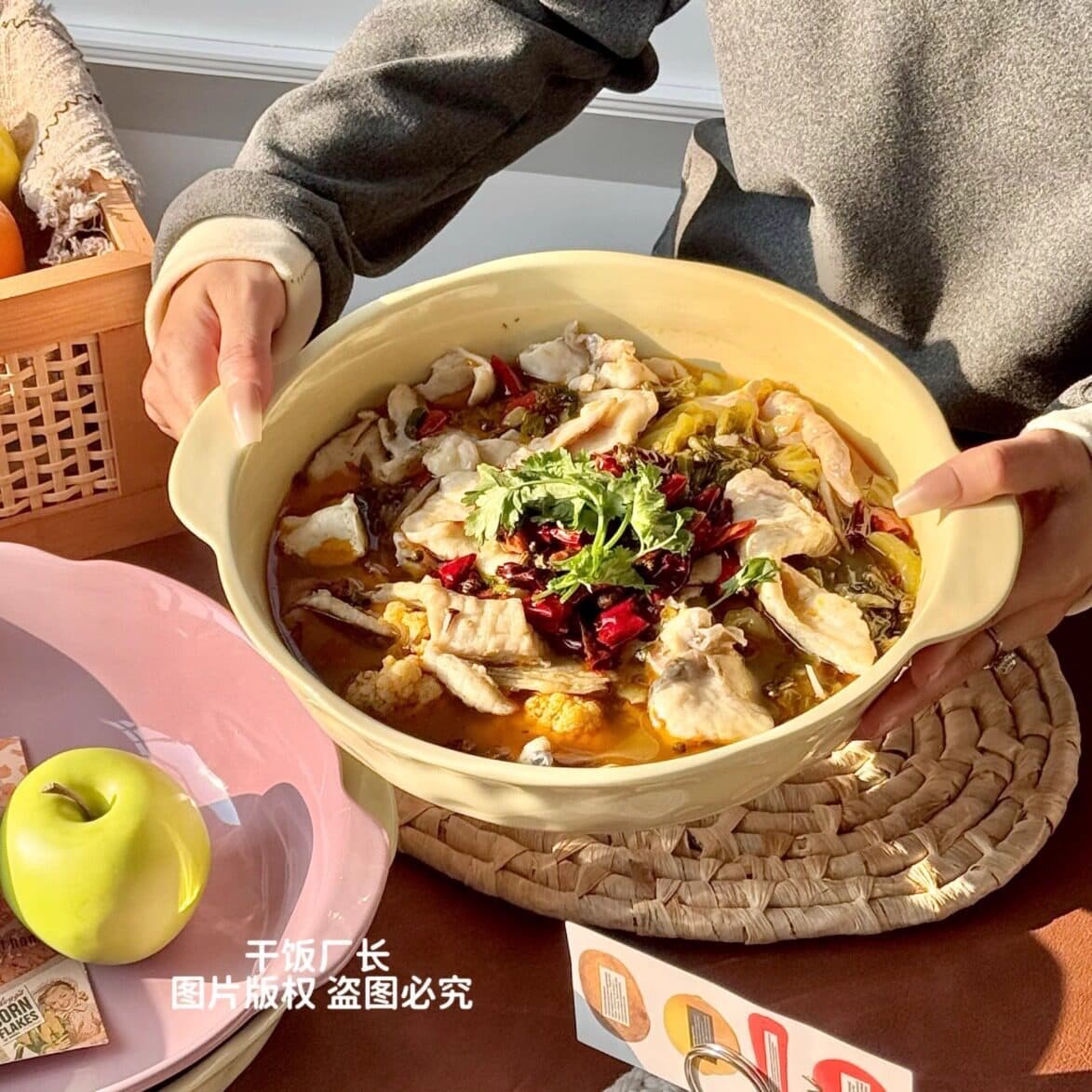 New pickled fish large basin bowl large soup bowl household 12-inch ceramic double-eared soup basin large bowl special bowl for boiled fish