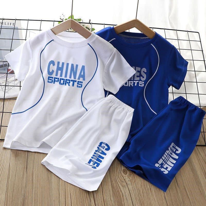 Boys' Quick-Dry Short Sleeve and Shorts Set, Summer 2025 New Design, Mesh Children's Sport Two-Piece, Large Kids' Outfit