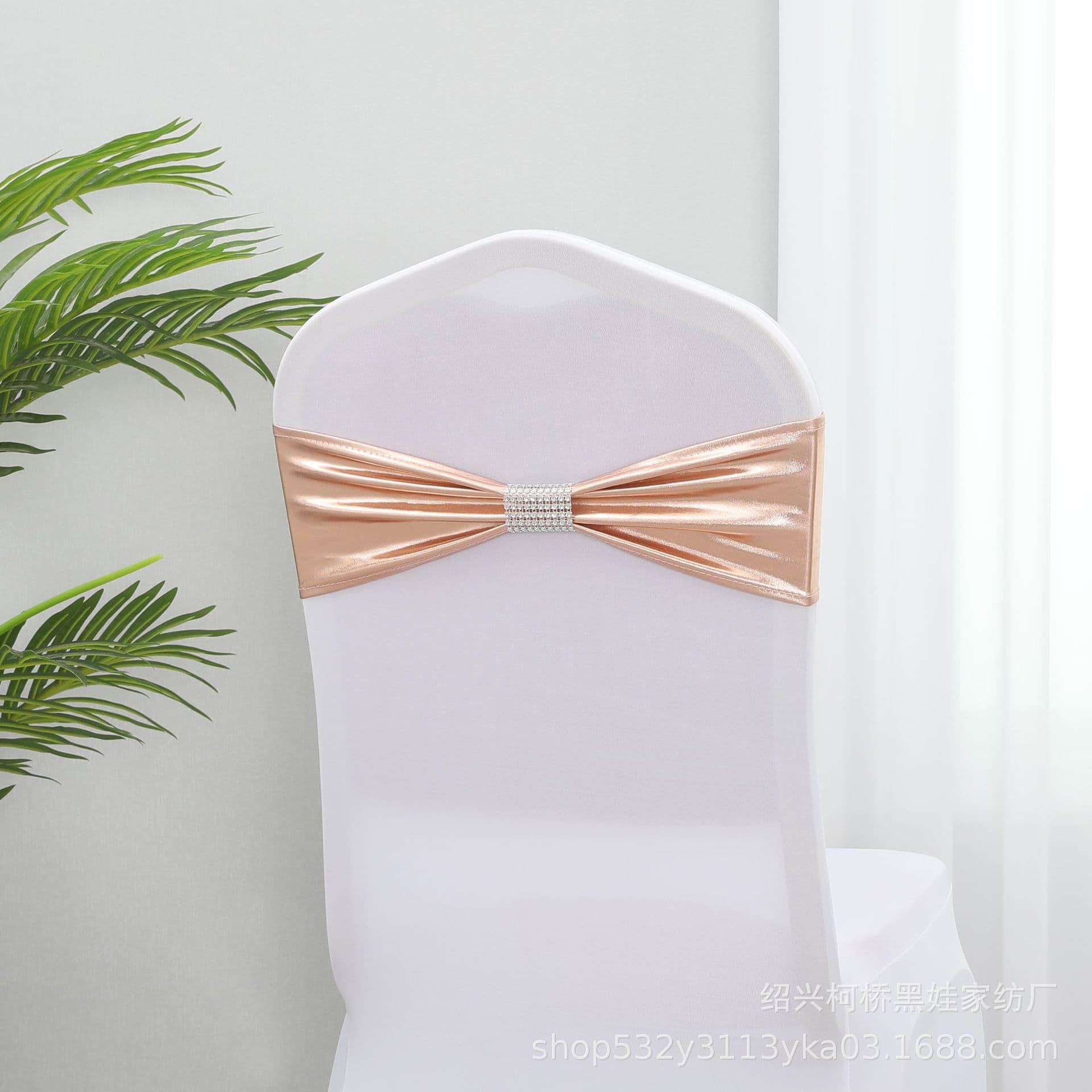 Gold-stamped elastic chair cover with mesh diamond buckle tie, pre-tied wedding banquet bow hoop