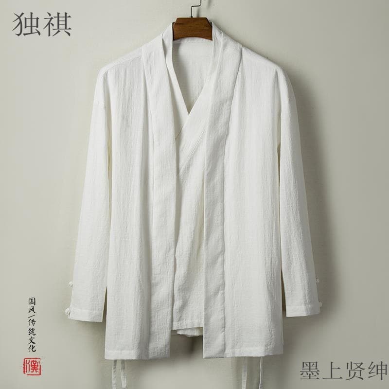 Chinese Style Linen Modified Hanfu Men's Clothing Autumn/Spring Retro Cotton Linen Men's Long Sleeve Chinese Tang Suit Ancient Top Youth