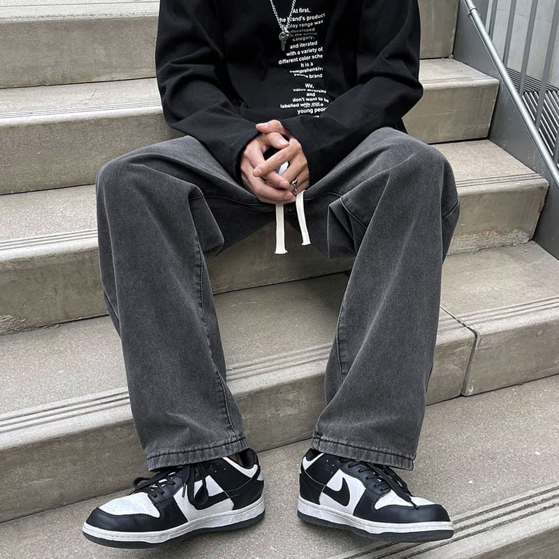 Trendy Workwear Jeans American Vintage Washed Straight Leg Long Pants Versatile Loose Comfortable Wide Leg Pants for Men