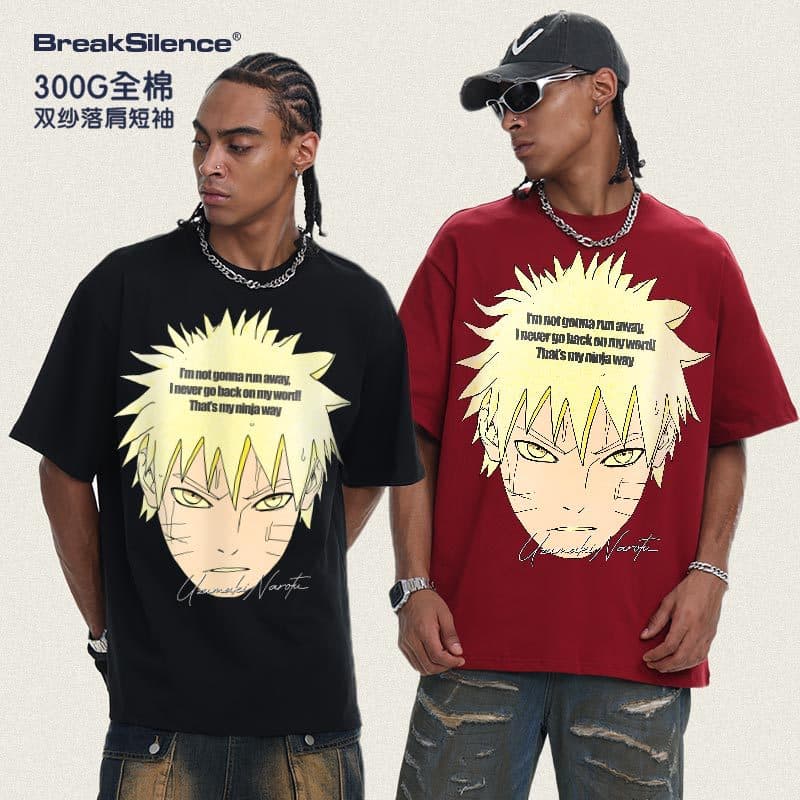 2026 Cross-Border Naruto Uzumaki American Anime 300G Drop Shoulder Round Neck Heavyweight Knit Short Sleeve T-Shirt for Men