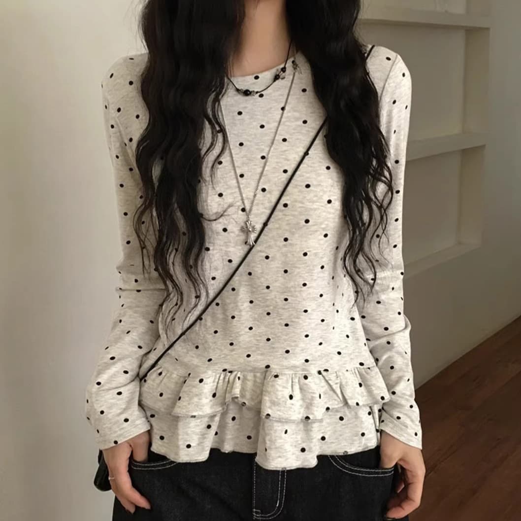 2025 new playful polka dot round neck ruffle trim long-sleeve T-shirt for women, ballet style casual versatile loose top.