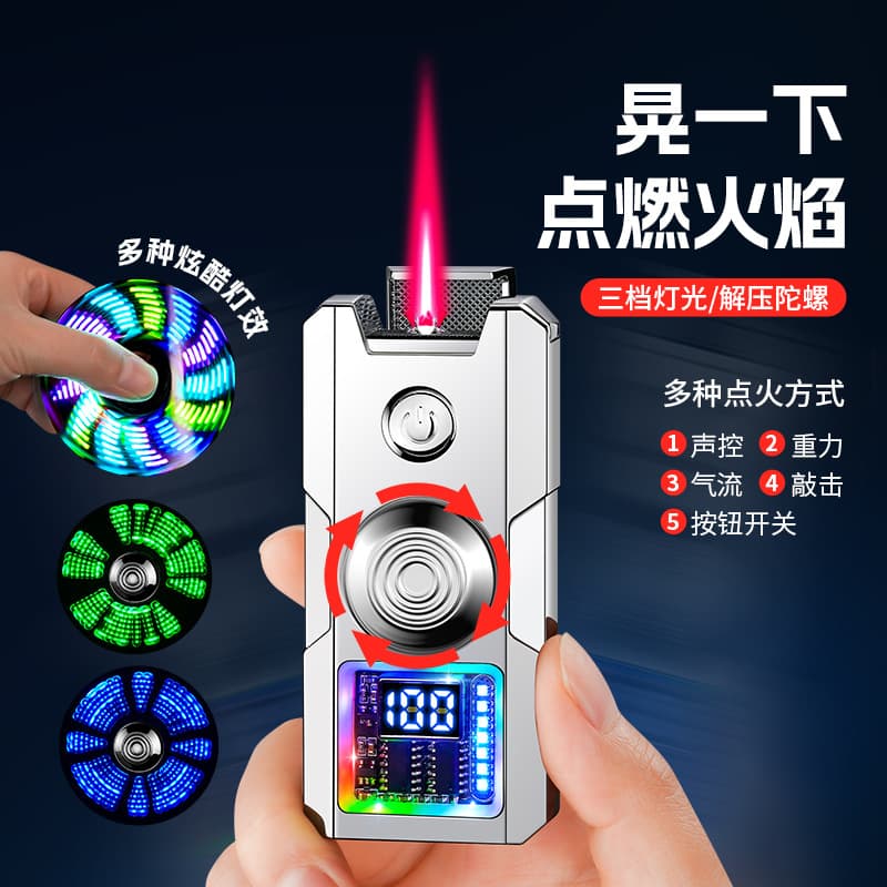 Trendy Spinning Gyroscope Lighter with Colorful Lights, Smart Voice-Activated Ignition, Direct-Flame Red Fire Lighter
