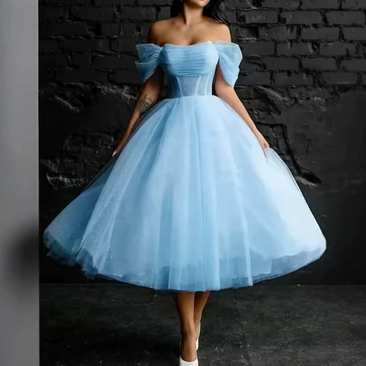 Cross-border Off-Shoulder Evening Dress Amazon Vintage Premium Banquet Tulle Puffy Dress Simple Elegant Midi Dress