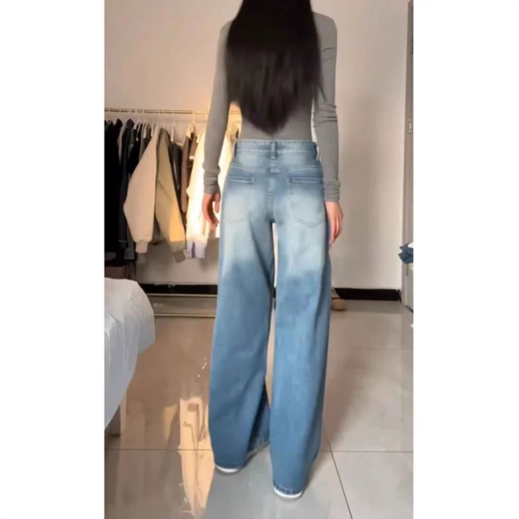 American High-Street Washed Blue Wide-Leg High-Waist Jeans for Women, Versatile Spring/Fall Loose Fit, Slimming Floor-Length Long Pants Trendy
