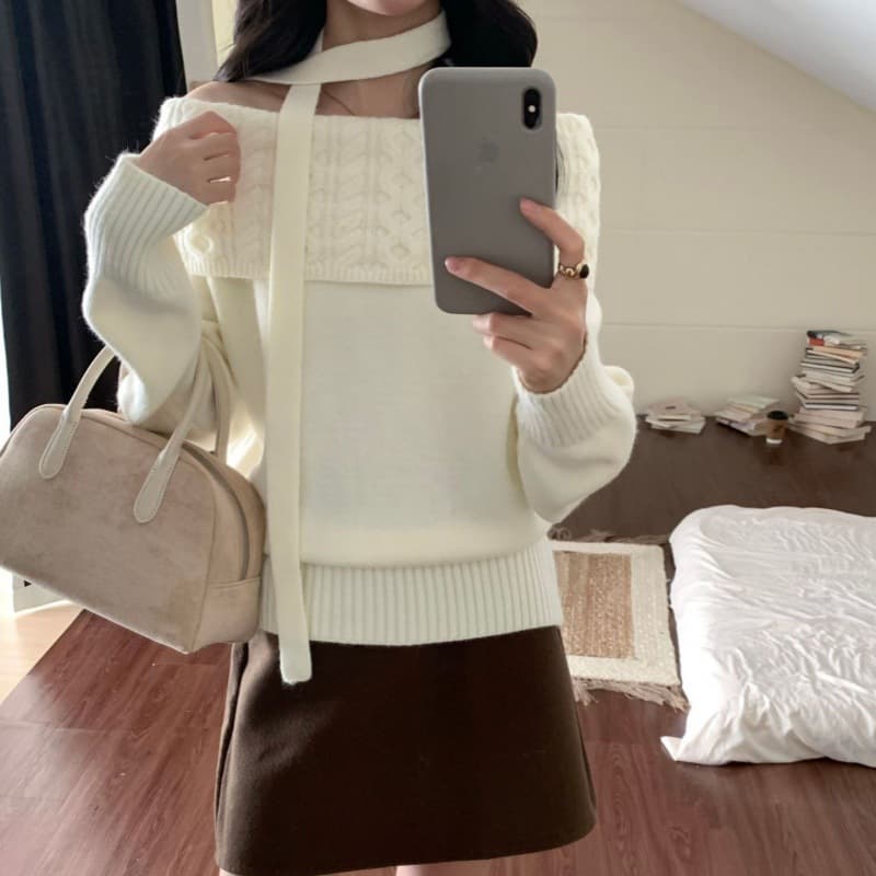 Korean Sweet Spicy Girl One-Shoulder Ribbon Long-Sleeve Knit Sweater Women's Winter New Loose Off-Shoulder Sweater Women's Wear