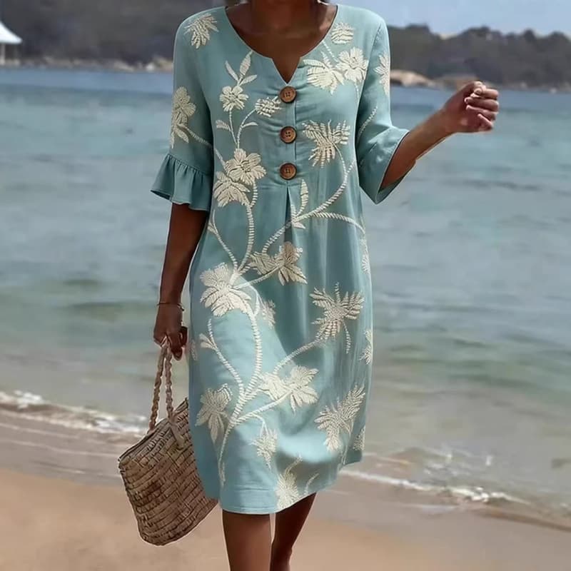 2026 Cross-Border European and American Women's New Vacation Style V-Neck Printed Loose Mid-Sleeve Dress