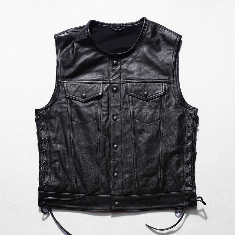 Harley vest rock leather motorcycle vest men's round neck casual short waist top layer cowhide vest