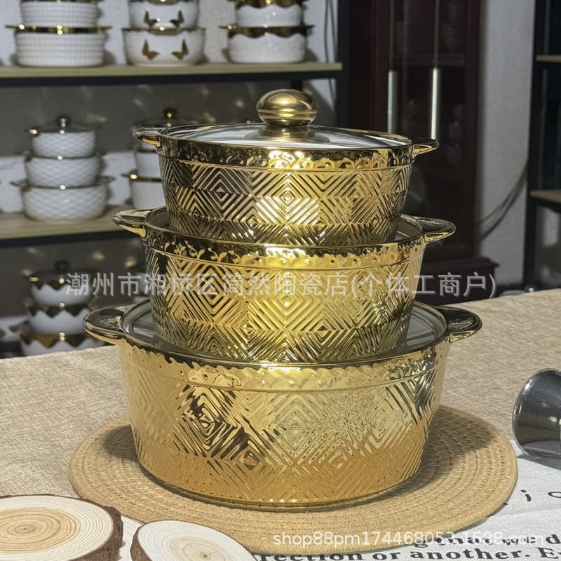 Manufacturer wholesale ceramic soup pot three-piece set double-eared soup pot with lid electroplated gold top ceramic soup basin tableware cross-border