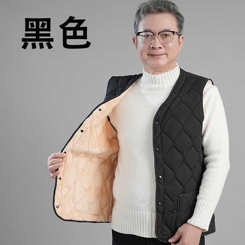 Men's cotton vest, fleece-lined, thickened, dad style, middle-aged/elderly, versatile, cold-proof, 3D patch pockets.