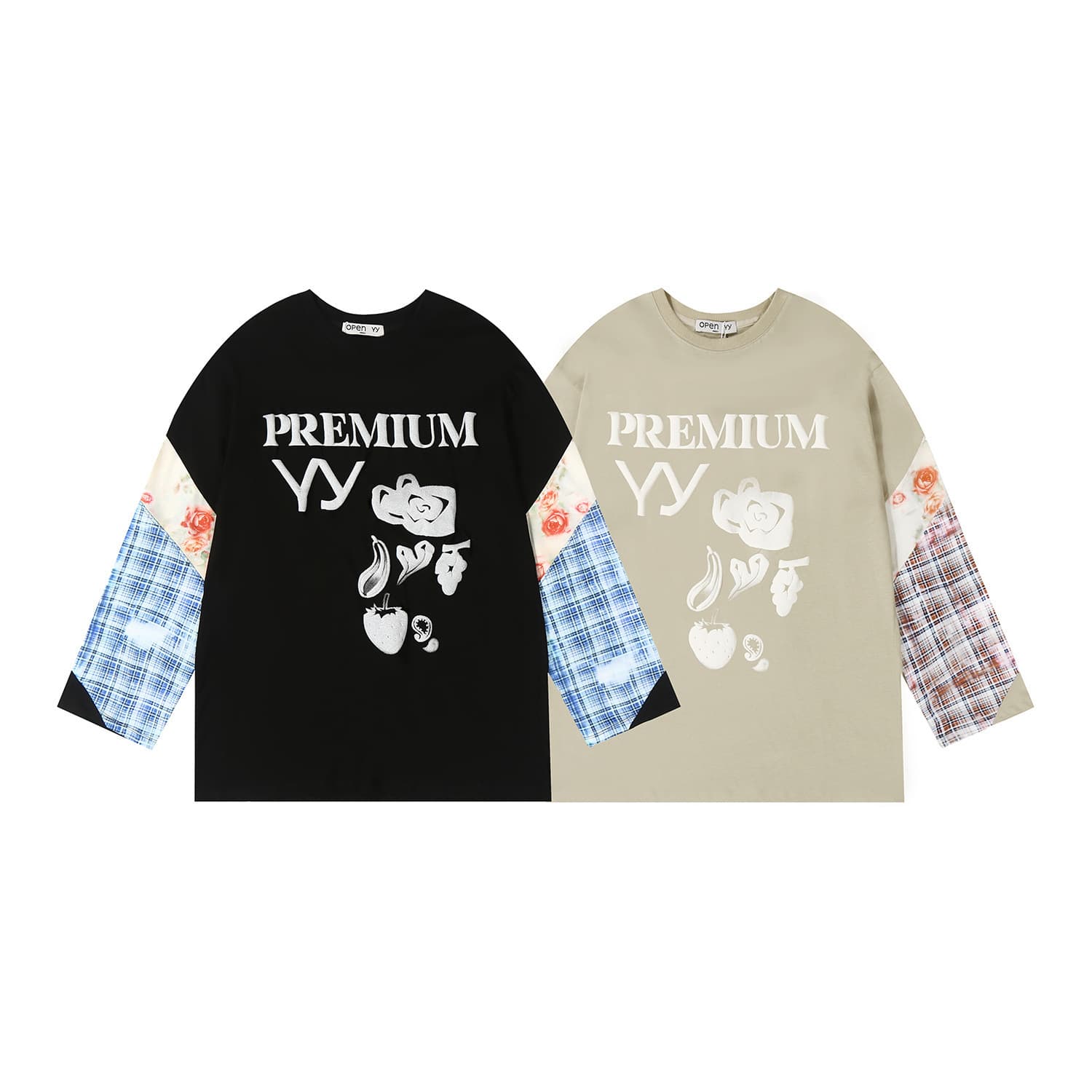 Korean streetwear brand open yy, same style as Hwang Ye-ji, floral letter print plaid patchwork long-sleeve top T-shirt