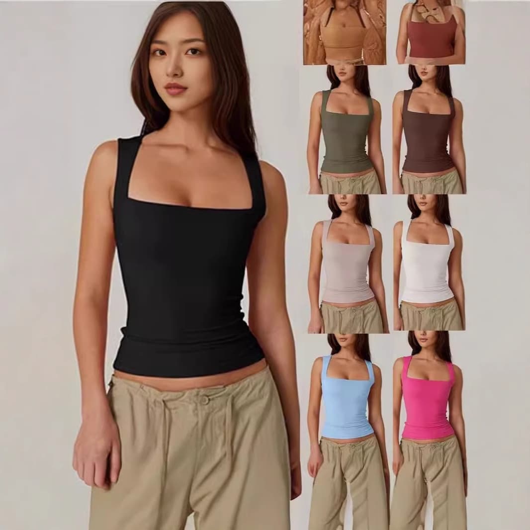 Slim-fitting European and American summer 2026 new women's square neck sleeveless double-layer vest basic T-shirt