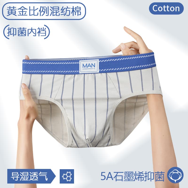 Men's Cotton Triangle Briefs, Blended Cotton, Big Size, Modal, Striped, Antibacterial, Mid-Rise