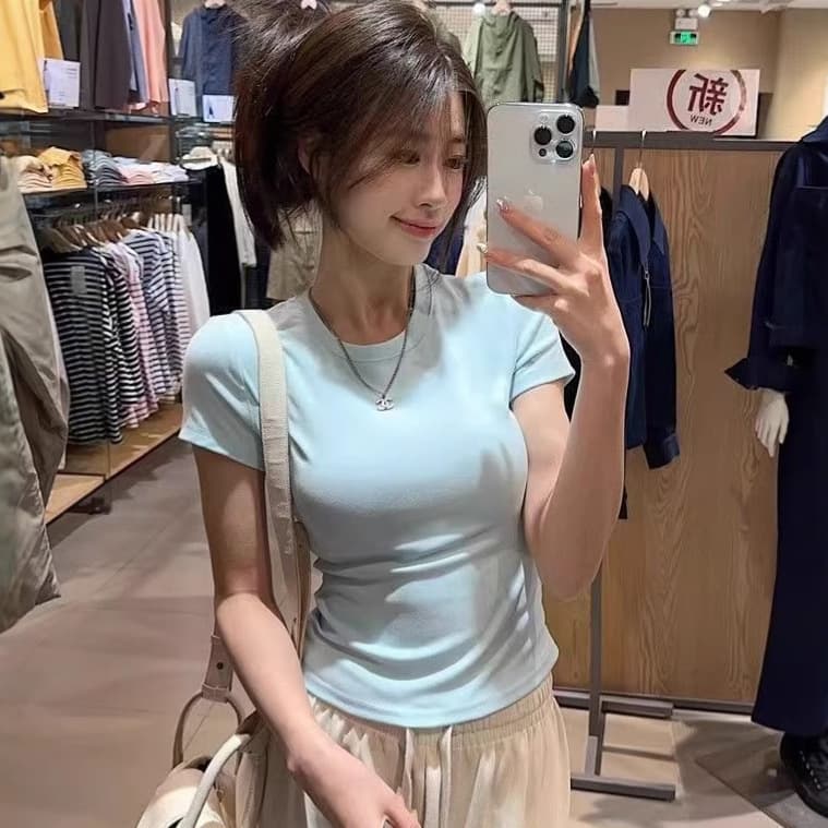Comic Fit White Cropped T-Shirt for Women, Summer Sports Slim Sexy Solid Color Round Neck Top