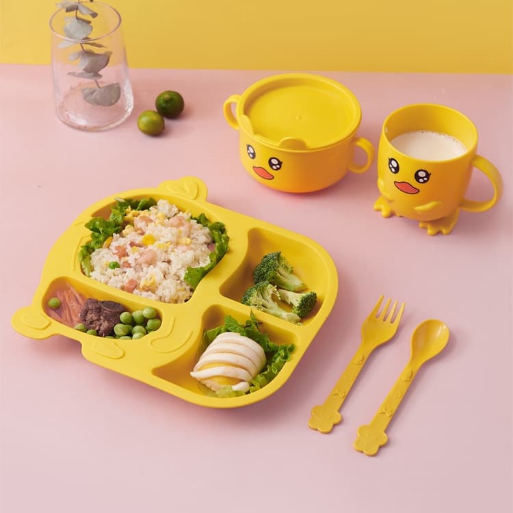 Kids Plate Set with Divided Sections, Little Yellow Duck Design, Cartoon Gift Tableware, Creative Baby Food Bowl for Home Use