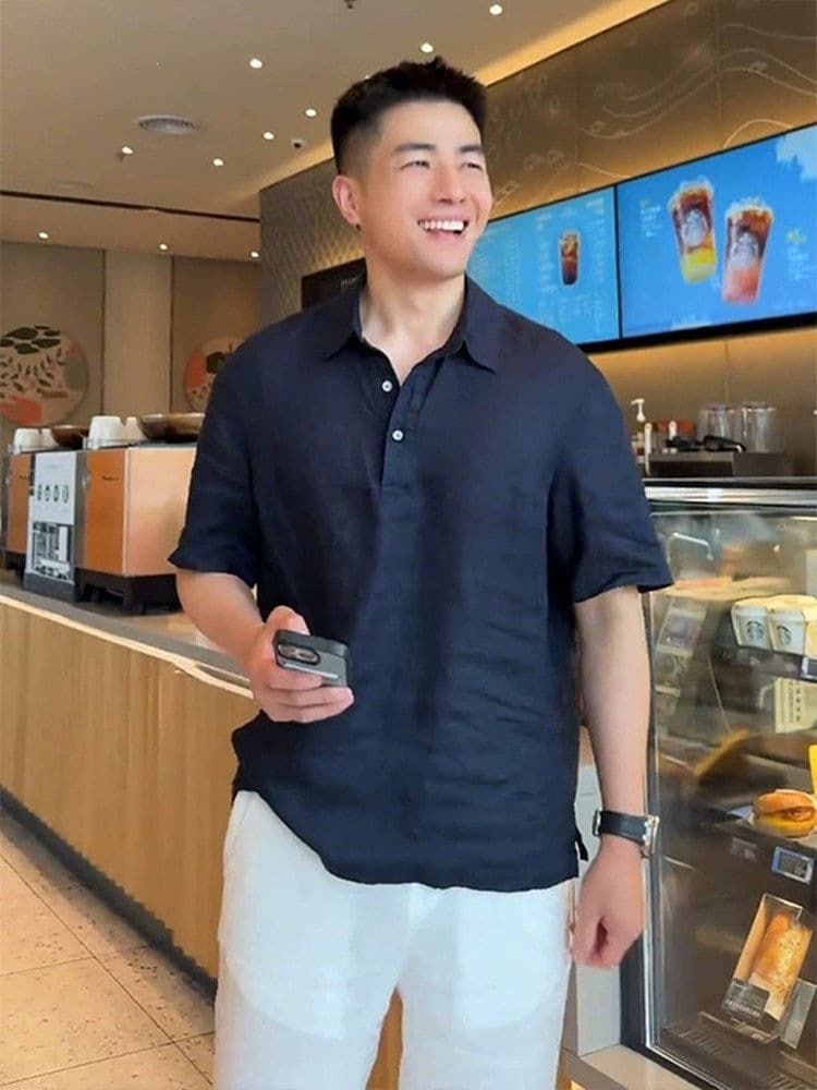 Navy blue linen short-sleeved POLO shirt for men, summer casual shirt-style T-shirt, light and breathable half-sleeved top