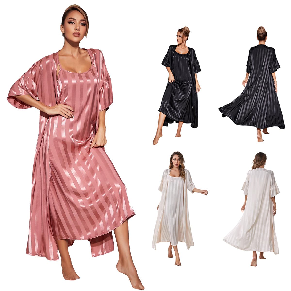 Amazon Foreign Trade Women's Long Sleeve Silk-like Robe Set High-end Feel Ice Silk Homewear Suit