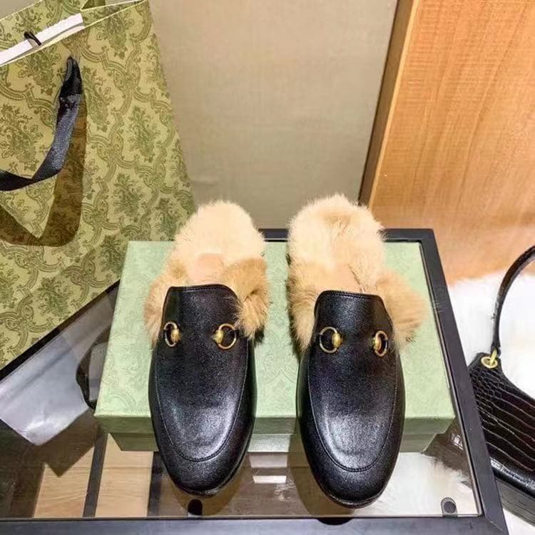 G Family Autumn New Fluffy Slippers for Women, Trendy Flat Mules, Closed-Toe Half-Drag Horse Buckle Loafers
