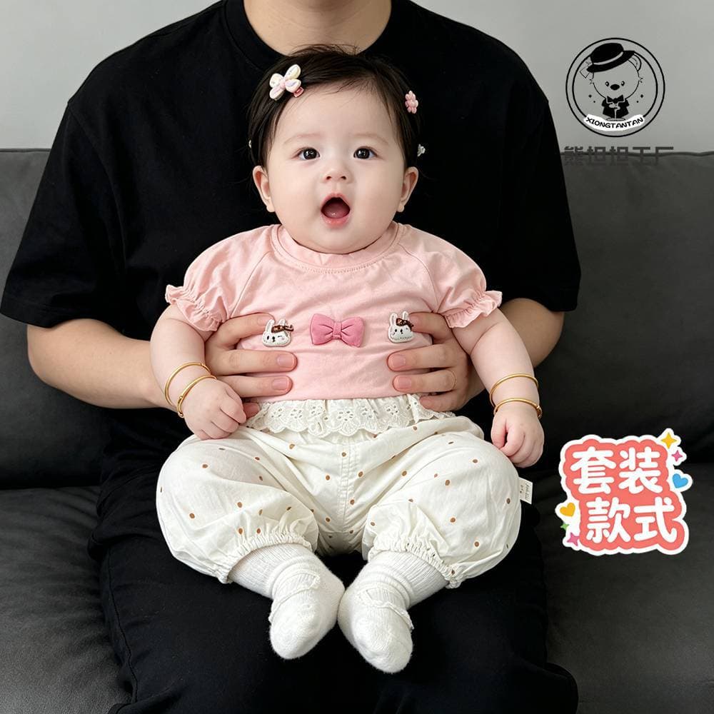 Baby Girl Set Summer New Style, Adorable Korean Infant Clothes, Thin Short Sleeve Cartoon Separate Two-Piece Set