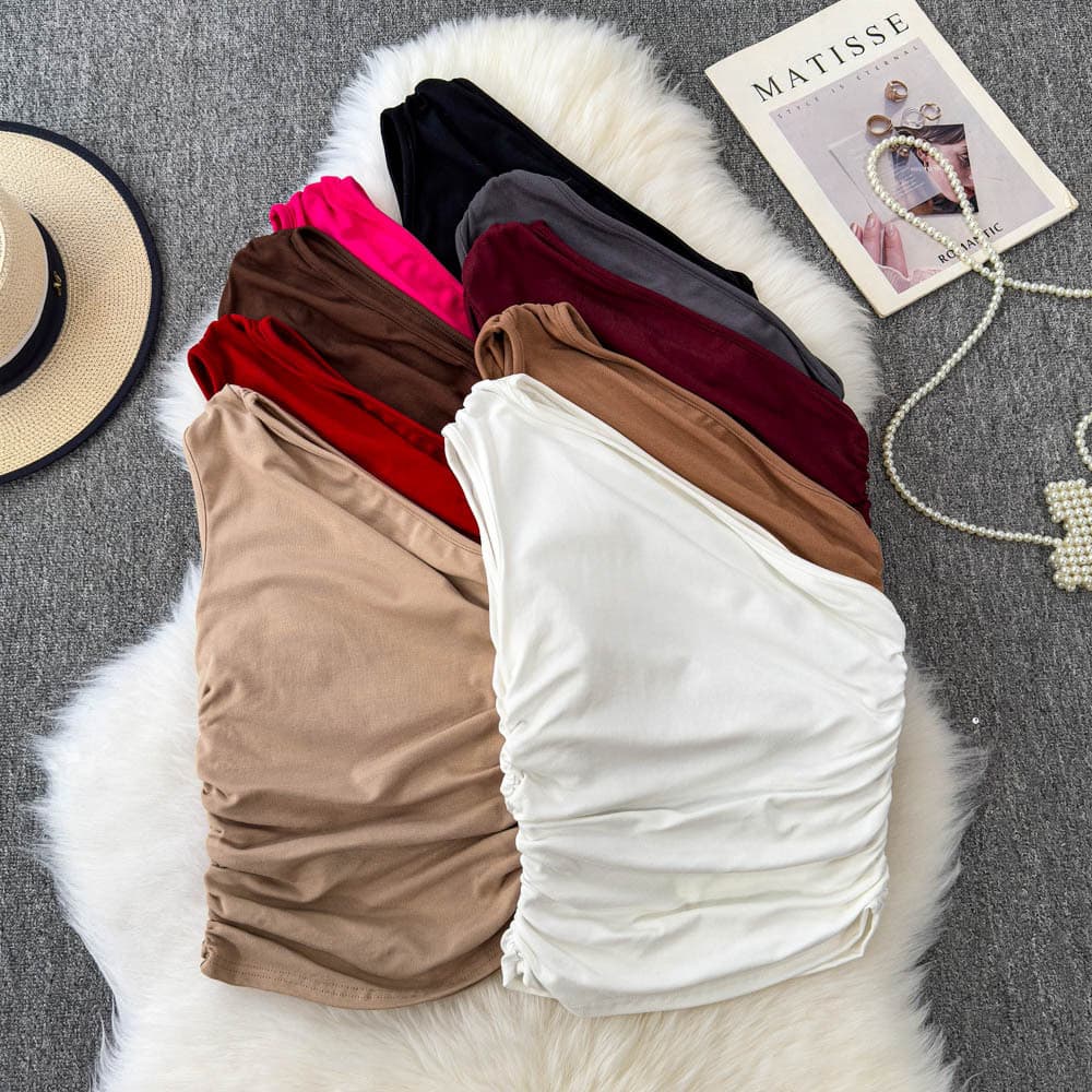 Foreign trade European and American retro hot girl style slope collar vest for women summer new style pleated waist slimming irregular short style