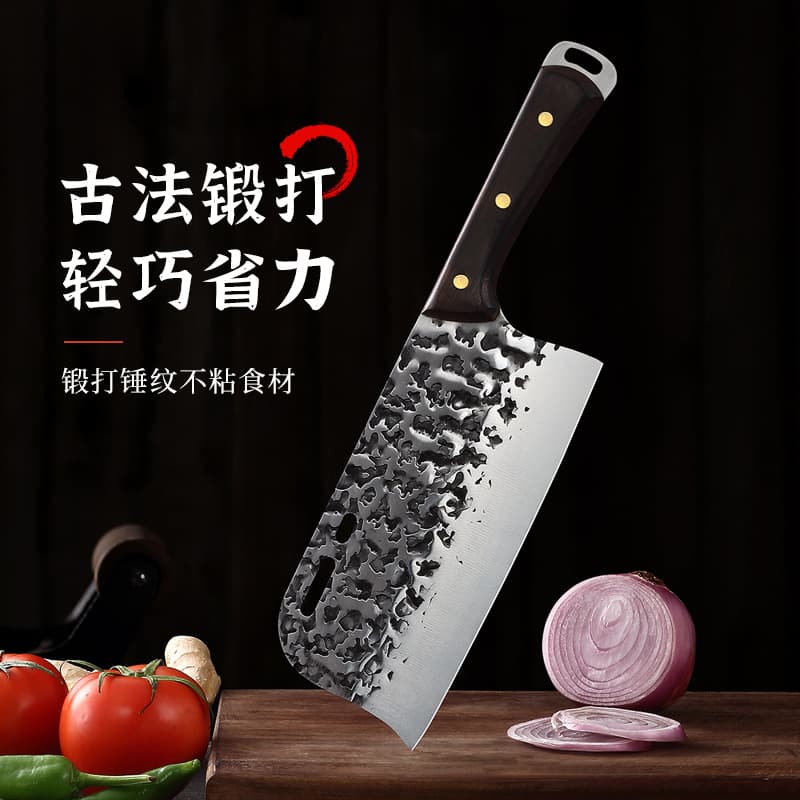 Factory stock trending hot-selling forged hammer-texture anti-rust kitchen chef knife with chicken wing wood handle, slicer knife